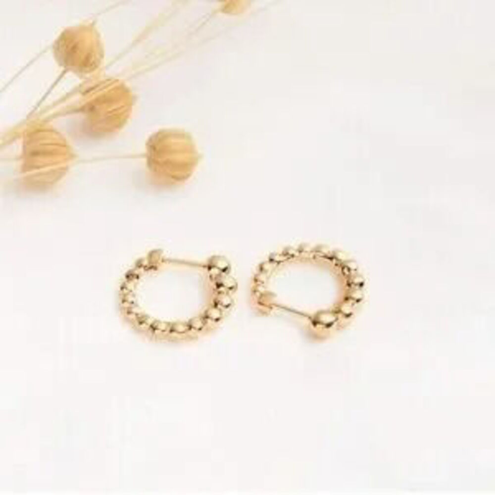 GOLD 14k Gold Plated Beaded Hoop Earrings Gift Minimalist - Picture 1 of 3